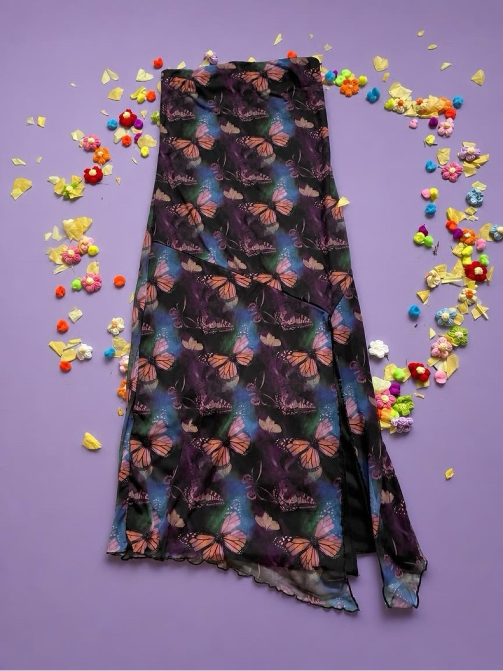 Justify Purple and Black Strapless Butterfly Print Dress with Blue Accents
